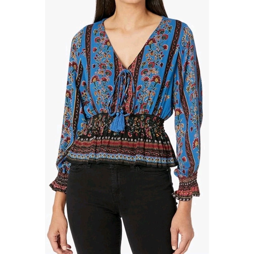 Gypsy Angie Blue Floral Smocked Waist Peplum Top S Boho Chic Peasant V-Neck NWOT